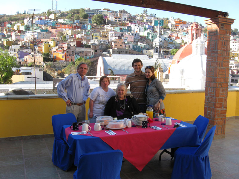 Breakfast on the balcony of "El Antiguo Vapor" hotel in Guanajauto, the buidling used to be an iron forge a few hundred years ago, then a bakery in the 20th century, now a lovely hotel.  Click to see a larger image.