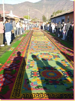 Calle Ancha, "Broad Street", leads from Antigua to the suburb town of Jocotenango, and usually has some of the biggest and the most elaborate carpets ... click to see a large image