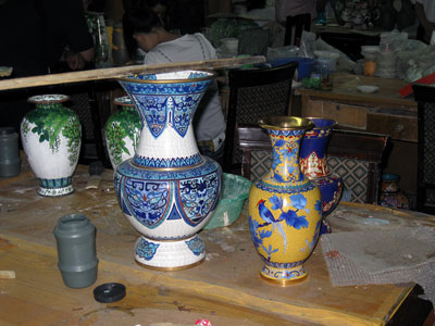 Cloisonn� vases ready for the shop ... click to see a large image