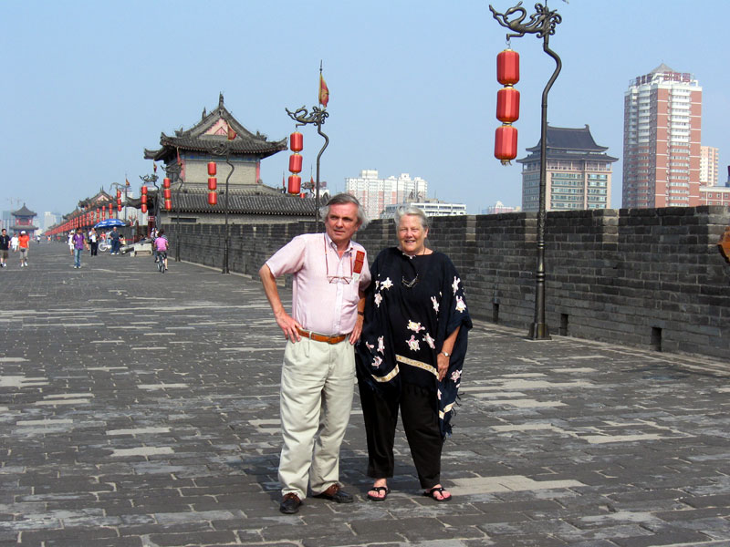 X'ian has its city walls intact.  Here we are on top of the wall ... click to see a large image. 